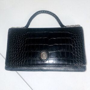 BRIGHTON Celtic Plaque Embossed Leather Convertible Clutch Handle Bag purse blk